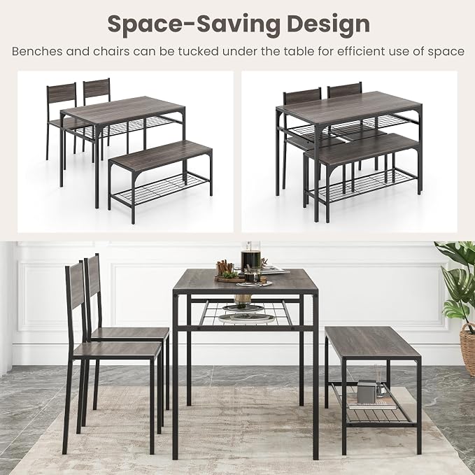 Giantex Dining Table Set for 4, Kitchen Table with Chairs & Bench, Storage Racks, Metal Frame, 4-Piece Space-Saving Dinette Set for Dining Room, Breakfast Nook, Small Space, Apartment, Grey - Image 8