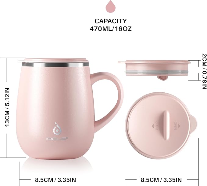 Ideus 16 oz Insulated Coffee Mug with Handle and Lid, Double Wall Stainless Steel Vacuum Thermal Coffee Mug, Travel Coffee Cup Thermal Cup for Home and Office, Sakura Pink - Image 5