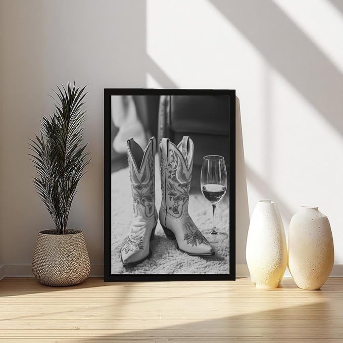 UXCBIA Cowboy Boots And Wine, Black And White, Stylish Vintage Country Poster Canvas Poster Wall Art Decor Print Picture Paintings for Living Room Bedroom Decoration Black Frame 16x24in(40x60cm) - Image 6