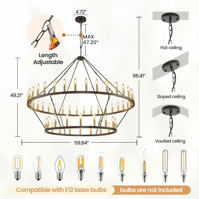60 Inch Farmhouse Wagon Wheel Chandelier, 2 Tier 54-Lights Round Chandelier for Living Room, Rustic Black and Gold Chandelier, Extra Large Foyer Chandeliers for High Ceilings, for Staircase, Entryway - Image 3