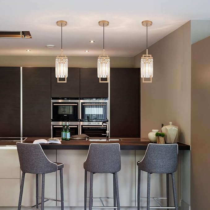 Modern Gold Pendant Light Fixtures for Kitchen Island and Dining Room, Industrial Small Hanging Crystal Chandelier Light Fixture for Bedroom Entryway Living Room Foyer Hallway 3-Pack - Image 5
