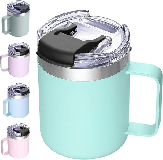 12oz Insulated Travel Coffee Mug with Handle, Seafoam | Stainless Steel Coffee Tumbler with Lid, Double Wall Vacuum Thermal Cup for Camping by ALOUFEA