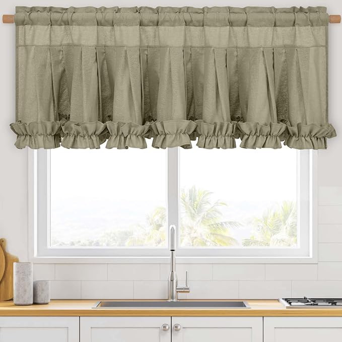 Likiyol Linen Valances for Windows Farmhouse Window Valances with Ruffle Rustic Country Light Filtering Kitchen Valance Curtains Rod Pocket Valance for Bathroom Cafe, Grey Brown, 52" W X 18" L - Image 8