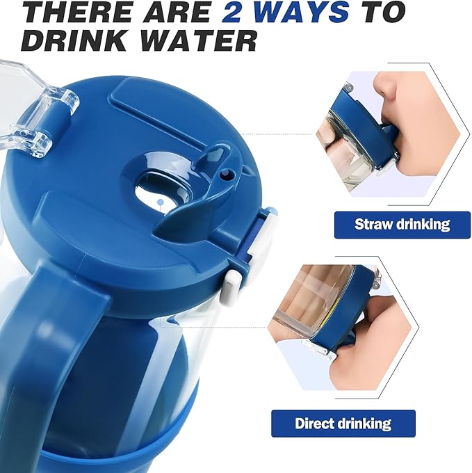 32 oz Glass Tumbler with Handle, 2-in-1 Straw and Sip Spout, Leakproof, BPA-Free Glass Water Bottle for Sports, Office, School, DBlue