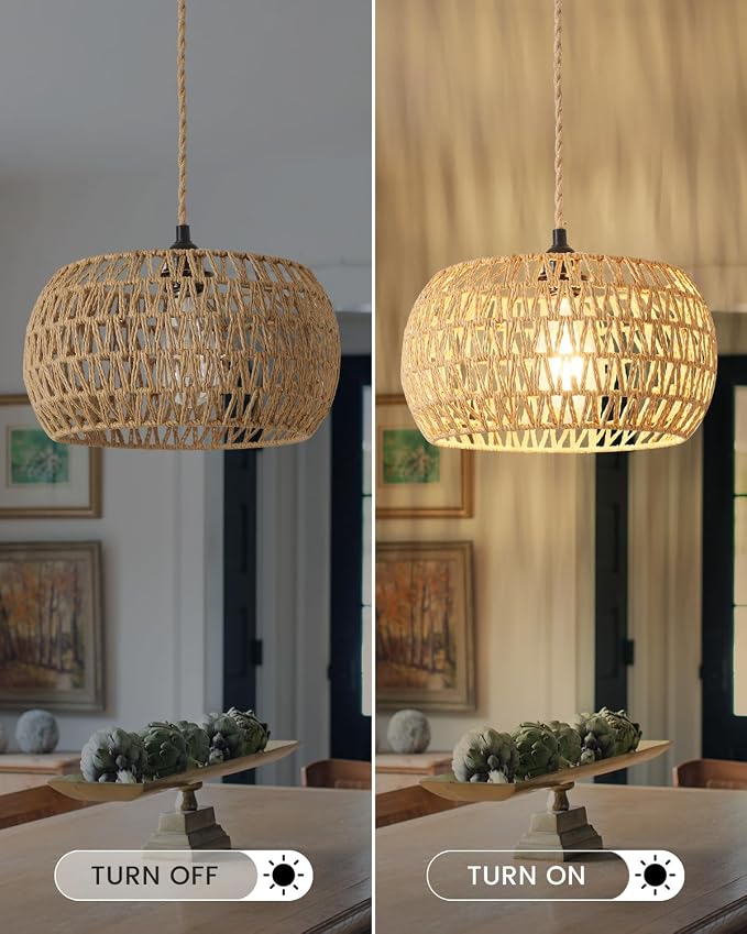 Rattan Boho Hanging Light,12.6'' Natural Hand Woven Fabric Drum Light,Plug Into Wall Outlet Pendant Light Fixture On/Off Switch for Dining,Living Room,Bedroom,Kitchen,Hallway Entryway, Without Bulb - Image 4