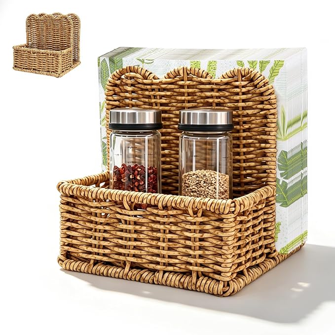 Plastic Rattan Scalloped Perimeter Napkin Holder for Table, Salt and Pepper Shakers Holder - Countertop Organizer for Rustic Room Decor (Without Salt, Pepper Shakers & Napkins) (Subdued Brown) by Unknown