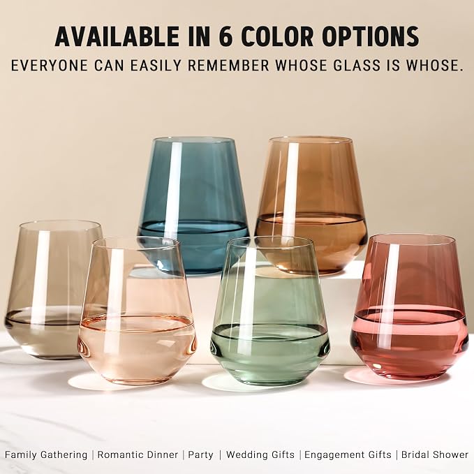 comfit Colored Stemless Wine Glasses Set of 6-17 oz Hand-Blown Crystal Colored Glassware with no Stem, Multicolor Glassware for Lovers, Wedding, Birthday, Mother's Day Housewarming Gifts for Women - Image 2