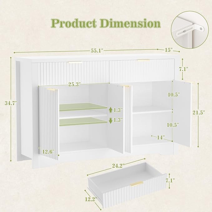 Cyclysio 55" Fluted Sideboard Buffet Cabinet with Drawers, White | Modern Accent Storage Console Table & Coffee Bar Station with Adjustable Storage Shelves for Dining Room, Kitchen, Entryway - Image 3