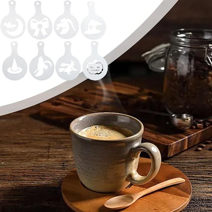 Coffee Stencils - Latte Art Printer, 8 Piece Halloween Design Kit, Reusable Decoration Template, Creative Baking Mold | Tool for Bread, Cake, Cappuccino, Dessert Art, Restaurant or Home