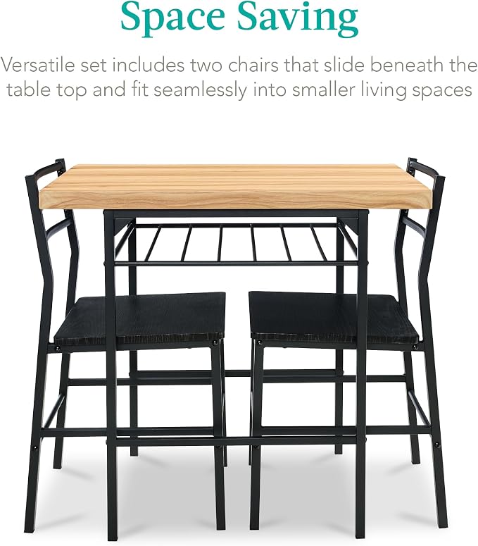 Best Choice Products 3-Piece Modern Dining Set, Space Saving Dinette for Kitchen, Dining Room, Small Space w/Steel Frame, Built-in Storage Rack - Oak/Black - Image 3