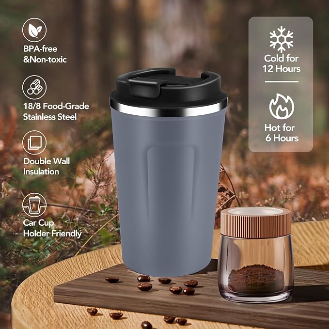Volhoply 12 oz Double Wall Insulated Vacuum Travel Coffee Mug with Flip Lid Bulk 8 Pack,Reusable Stainless Steel Leak Proof Coffee Cup,Portable Cafe Thermal Tumblers for Hot & Cold Drinks(Gray,8 Set) - Image 5