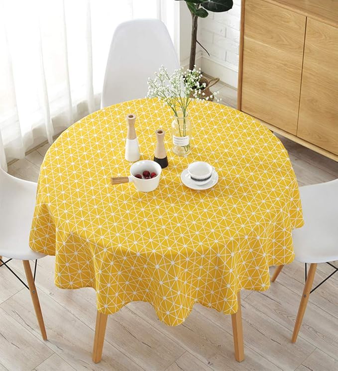 meioro Yellow Boho Table Cloth Round Cotton Linen Nordic Twill Tablecloths Wrinkle Free Fabric Checkerboard Stripe Table Cloths Rustic Cover for Kitchen Dining Party Outdoor Picnic(Round 47 Inch) by meioro
