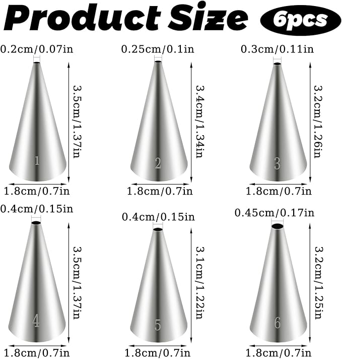 6pcs Round Piping Tips, Stainless Steel Small Frosting Piping Tips, Cake Decorating Tip Set for Cupcakes Writing Icing Nozzles Decoration DIY Baking Supplies Tool