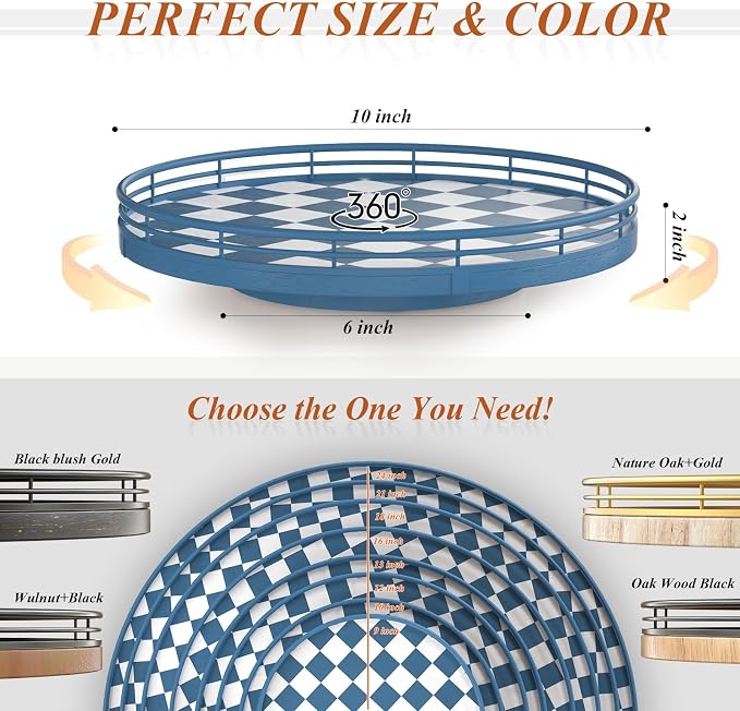 Blue and White Checkerboard Lazy Susan with Rubberwood Base and Metal Rail | Smooth rotating oak tray with walnut finish for dining tables, kitchen counters, pantries and cabinet storage. - Image 6