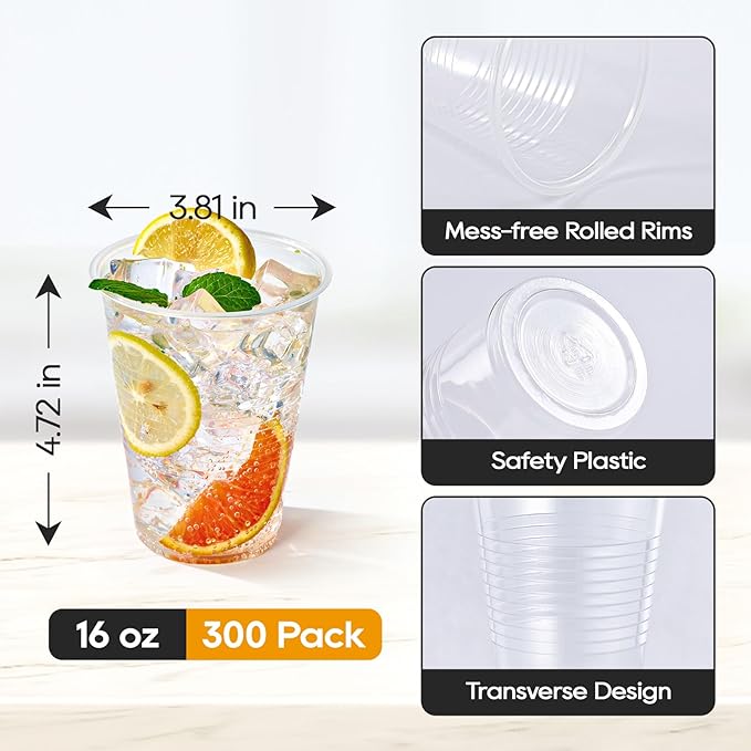 Turbo Bee 16 oz Clear Plastic Cups, 300 Count Disposable Party Cups for Beer, Soda & Iced Drinks, Bulk Cups for Barbecues & Large Gatherings