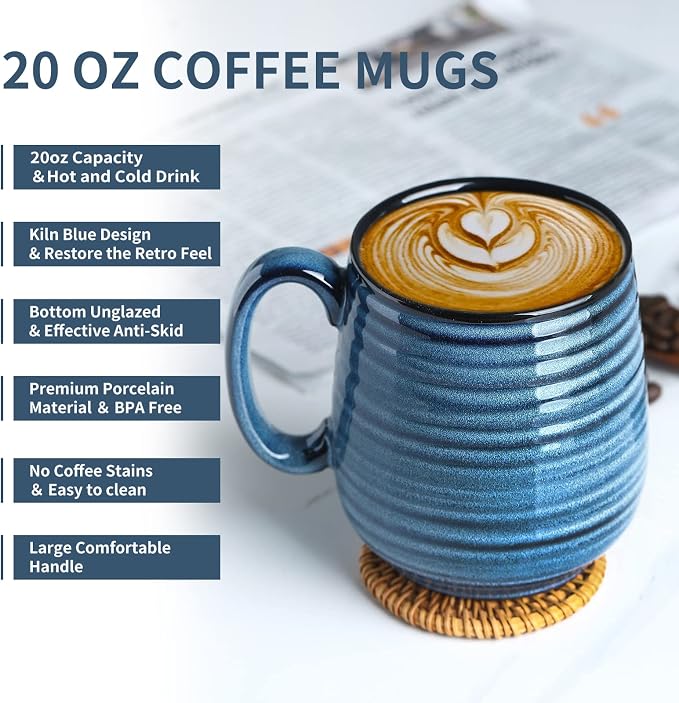 HASENSE Large Coffee Mugs Set of 2, Ceramic 20 oz Coffee Cups for Office and Home, Modern Coffee Mug with Big Handle for Latte Coffee Tea Soup as Gifts, Dishwasher & Microwave Safe, Blue and Red - Image 3