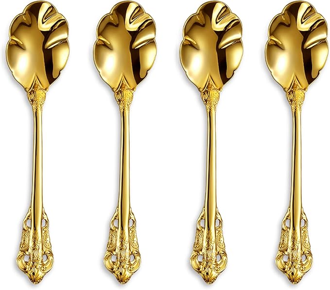 KEAWELL Premium Luxury 4-Piece 6" Tea Spoon Set, 18/10 Stainless Steel, Vintage Coffee Espresso Demitasse Spoons, Smooth Edges, Dishwasher Safe (Gold)