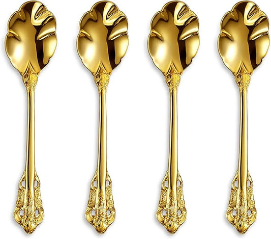 KEAWELL Premium Luxury 4-Piece 6" Tea Spoon Set, 18/10 Stainless Steel, Vintage Coffee Espresso Demitasse Spoons, Smooth Edges, Dishwasher Safe (Gold)