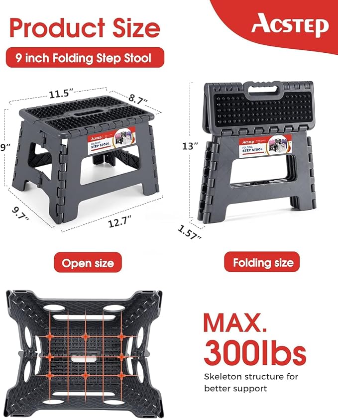 ACSTEP Folding Step Stool 9 inch Height Non-Slip Plastic Step Stools for Kids and Adults, Kitchen Collapsible Fold Up Small Stepping Stool Grey,1 Pack | Portable Foldable Stools, Heavy Duty Collapsible Foot Stool, Holds 300 lb for Adults Kitchen Bathro... - Image 5