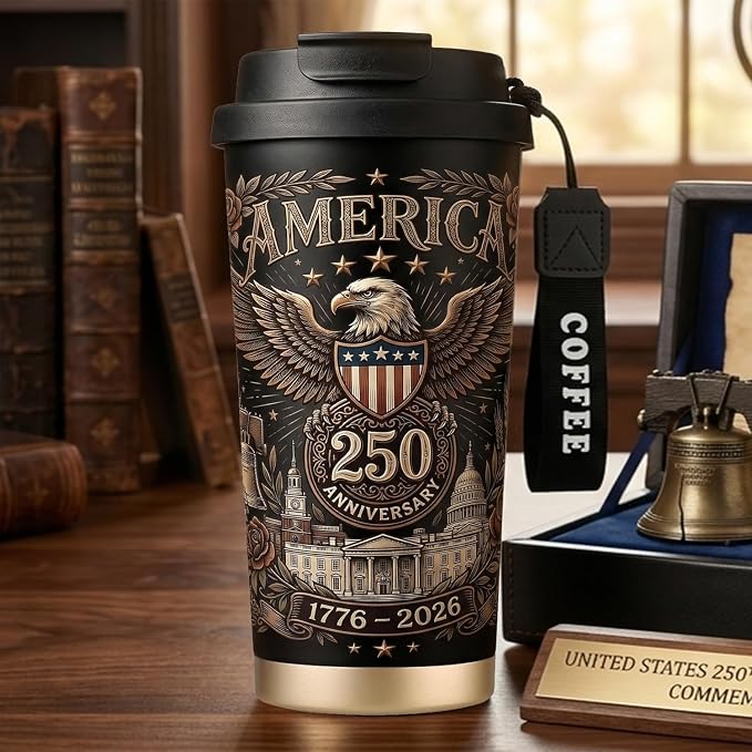 250th Anniversary Coffee Mug, 18 oz Insulated Mug, 250 Years America Garden Flag, Vintage Patriotic Design with 1776-2026 Dates, Military Anniversaries, Retirement & Holiday Commemorative Gift, Black - Image 2