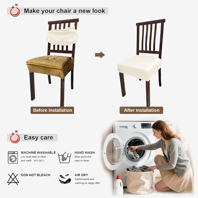Waterproof Pu Leather Seat Covers for Dining Room Chairs Set of 6,Soft Chairs Seat Slipcovers,Dining Chair Cover Removable Washable Chair Protector Cover Stretch Kitchen Chair Covers - Image 7