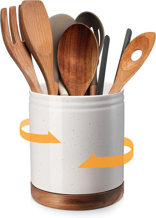 DOWAN 7.6" 360° Rotating Utensil Holder, Kitchen Utensil Holder for Countertop,Large Ceramic Utensil Crock for Kitchen Decor, Protection Cork Bottom, Speck White by DOWAN