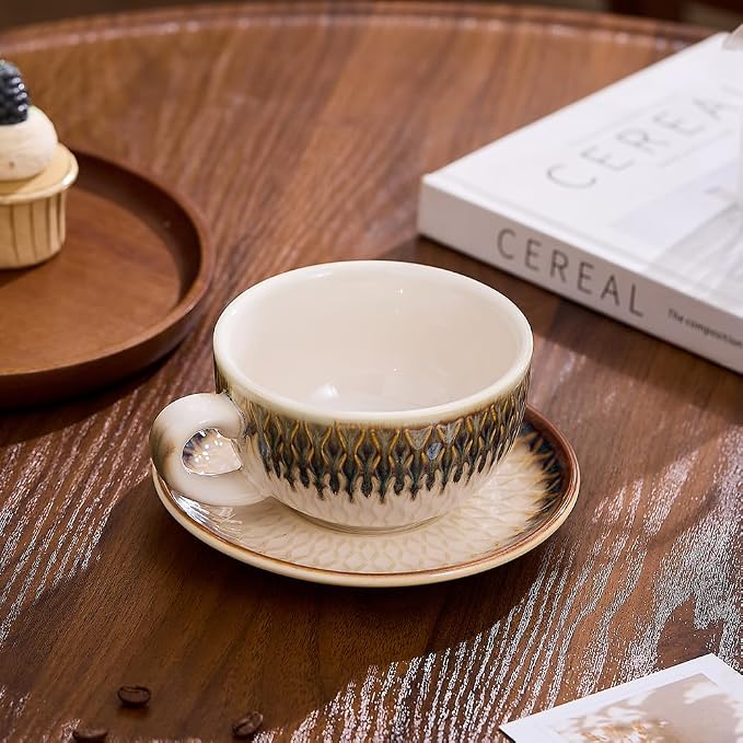 Coffeezone Vintage Design 12 oz Ceramic Latte Art Cappuccino Barista Cup with Saucer (Embossed Vintage) - Image 3