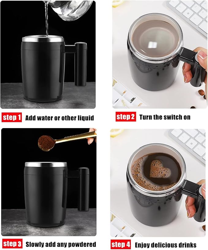 Self Stirring Mug,Rechargeable Auto Magnetic Coffee Mug with 2Pc Stir Bar,Waterproof Automatic Mixing Cup for Milk/Cocoa at Office/Kitchen/Travel 14oz Best Gift - Black - Image 3