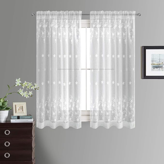 White Sheer Curtains 63 inches Length, Embroidered Window Treatment Curtain Sheer Voile Panels for Kitchen, Small Windows, 42x63, 2 Panels - Image 3