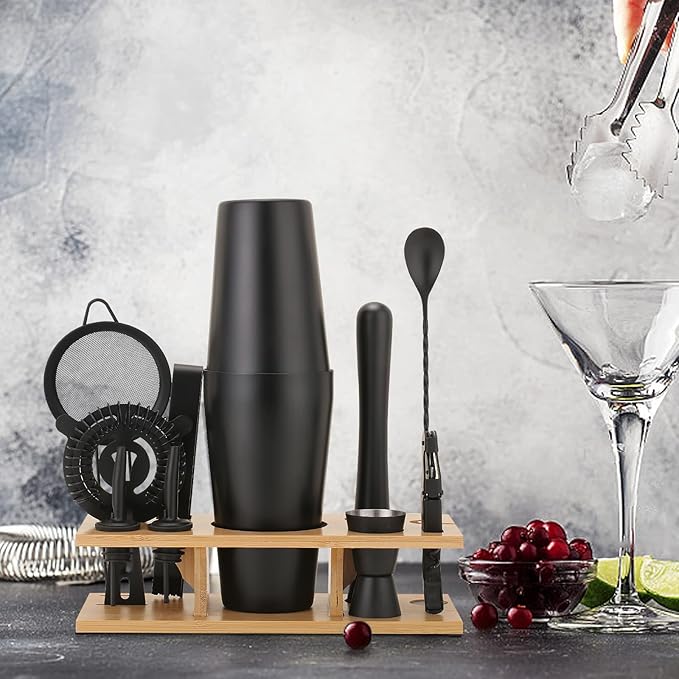 11Pcs-Cocktail Shaker Set Stainless Steel Bartending Kit 25oz Boston Shaker Bar Set Cocktail Mix Drink Making Kit Professional Bar and Home Drink Bar Tools for Bartender(Matte Black)