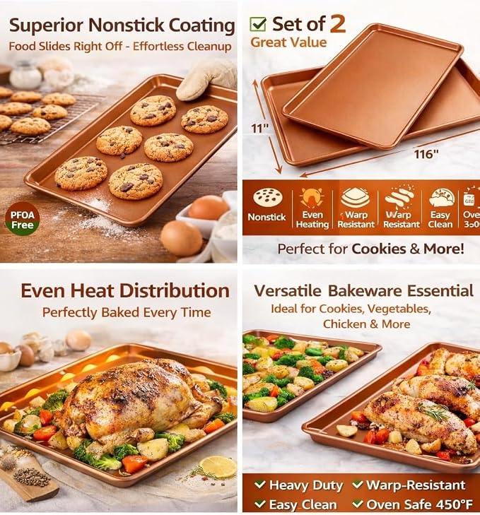 Copper Nonstick Cookie Sheet Baking Pan, Large Rectangular Bakeware Tray with Easy-Grip Rim, Durable Baking Sheet for Cookies, Roasting Vegetables, Pastries & More - Image 2