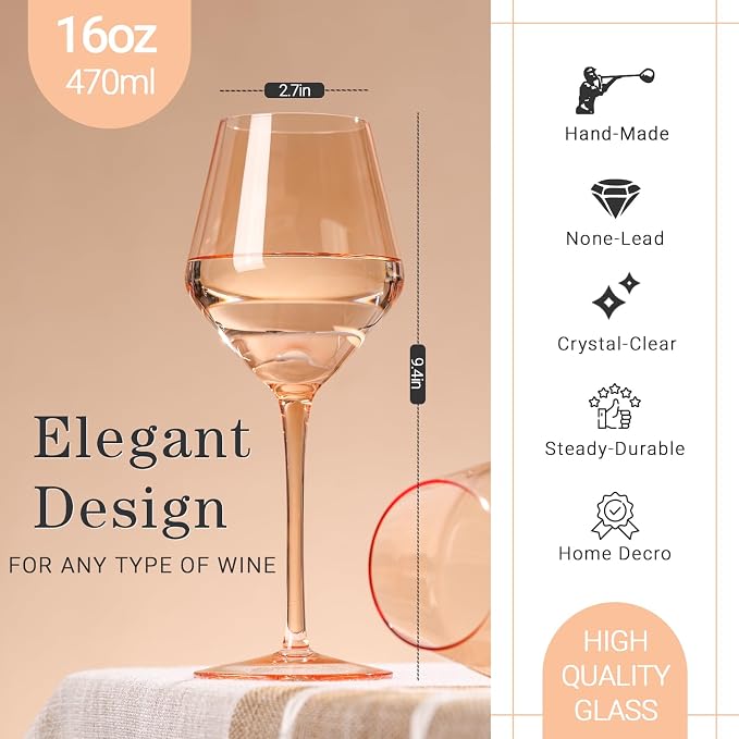 Peach Color Wine Glasses Set 6-16oz Blush Pink Wine Glass with Stem-Hand Made Light Peach Wine Glass-Unique Pastel Pink Wine Glasses for Women Party - Image 5