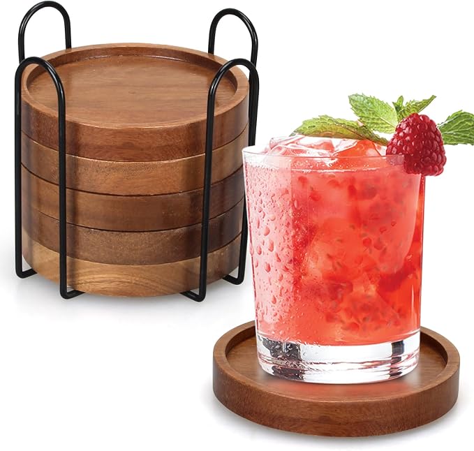Wooden Coaster Set of 6 Coffee Table Decor Bar Cup Drink Coasters Holder | Acacia Wood Coaster Coffee Bar Accessories Kitchen and Dining Room Outdoor Costers Modern Cute Beer Rustic Farmhouse Decor by Renawe