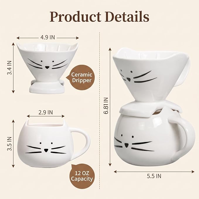 Koolkatkoo Cat Coffee Mug with Kitty Figurine, White | Ceramic Mug with Pour Over Coffee Maker, Cat Themed Gifts for Women, Christmas Birthday Mothers Day Idea - Image 3