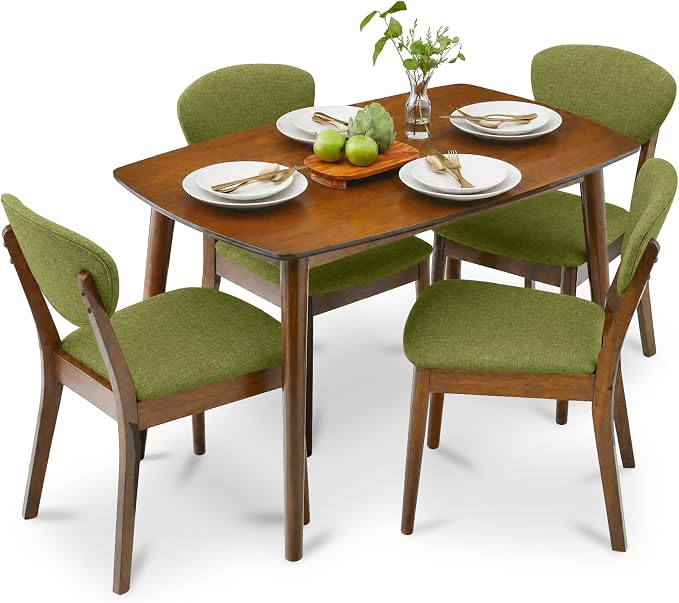 Best Choice Products 5-Piece Dining Set, Compact Mid-Century Modern Table & Chair Set for Home, Apartment w/ 4 Chairs, Padded Seats & Backrests, Wooden Frame - Walnut/Olive Green by BestChoiceProducts