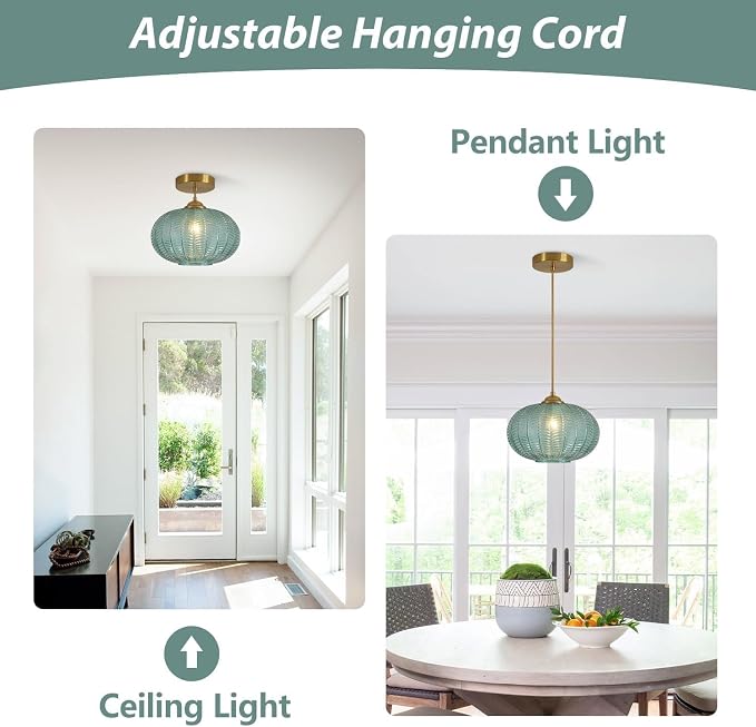 KCO Lighting Green Glass Chandelier Vintage Gold Pendant Light Large Green Ribbed Ceiling Light Antique Brass Hanging Light Mid Century Modern Pendant Lights Kitchen Island - Image 3
