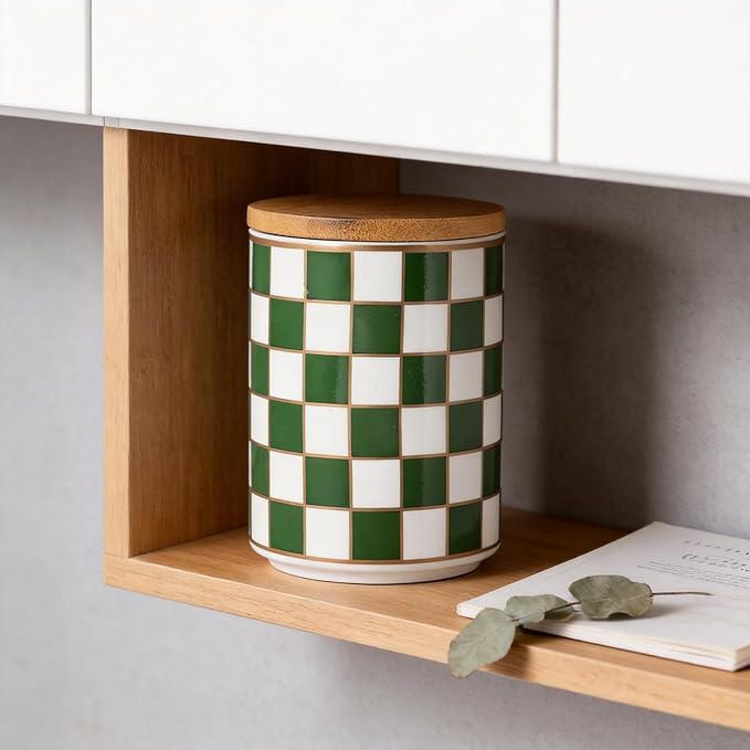 Kitchen Countertop Ceramic Checkered Canisters,Black And White Food Storage Containers With Lid,Airtight Kitchen Canisters for Flour, Sugar, Coffee, Tea, and Dry Goods (Green, Small) - Image 4