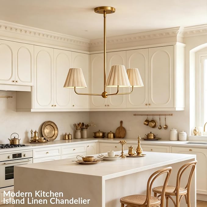 Mid-Century 3-Light Chandelier, Aged Brass & Linen | Natural Ivory Pleated Conical Shades, 120° Equal Arms, Perfect for Kitchen Island, Dining Room, Living Room - Image 2