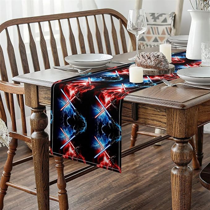 Feelyou Lightsaber Table Runner 60x13 Inch Red Blue Decorations Indoor Outdoor Party Supply Lightsaber Grommet Home Kitchen Dining Decor Dresser Scarfs Future Technology Home Decor for Living Room - Image 4