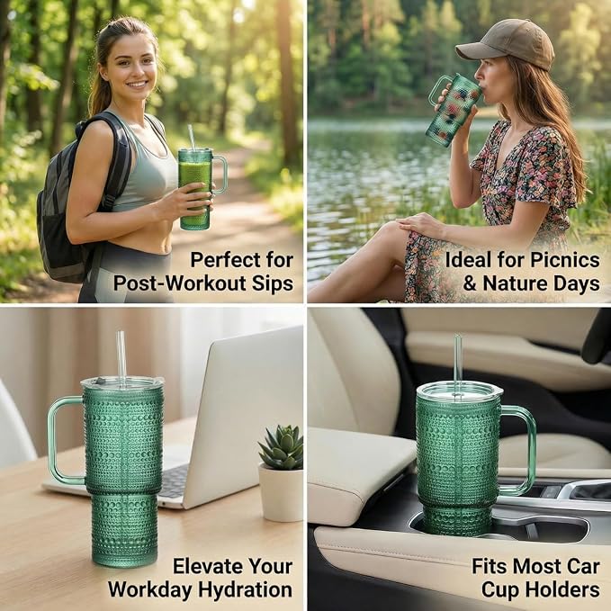 20 oz Green Glass Tumbler with Lid and Straw, Glass Iced Coffee Cups, Spill-proof Glasses Tumbler with Handle, Glasses Drinking Set of 4, Vintage Glassware for Cocktail, Smoothies - Image 6