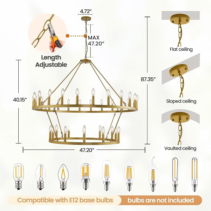 47 Inch Gold Wagon Wheel Chandelier,2 Tier 36-Lights Farmhouse Chandelier for Living Room,Round Rustic Dining Room Light Fixture,Extra Large Foyer Chandeliers for High Ceilings,for Staircase,Entryway - Image 3
