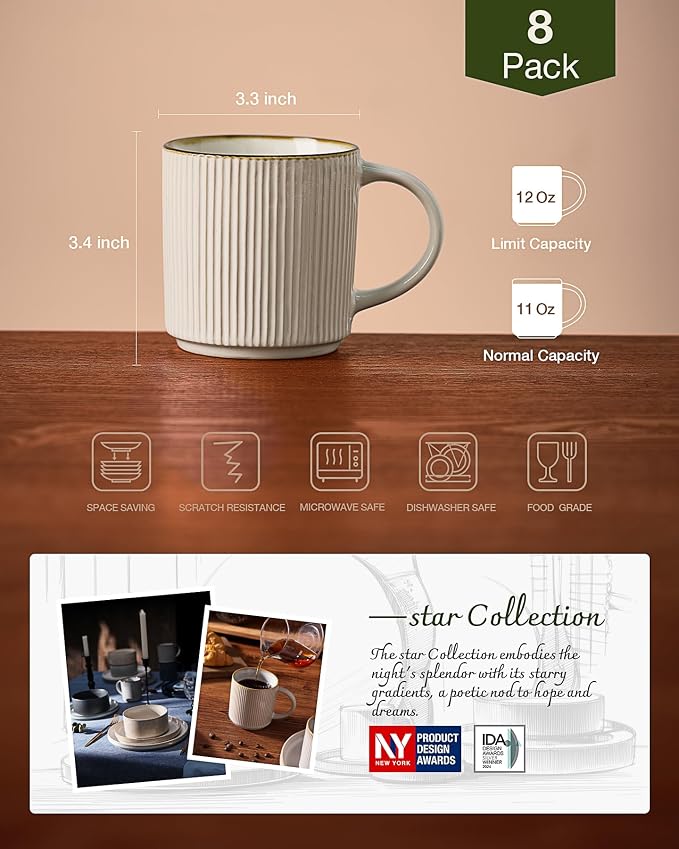 famiware Coffee Mug Set for 8, Star 12 oz Catering Mugs Cup Set with Handle for Coffee, Tea, Cocoa, Milk - Ceramic Stoneware Drinkware Set, White - Image 4