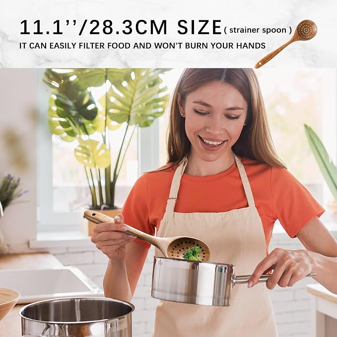 Wooden Spoons for Cooking, 7-Piece Acacia Wood Cooking Utensil Set | Spoons and spatulas stir, mix, flip and serve; balanced handles offer control while staying gentle on nonstick cookware. - Image 3