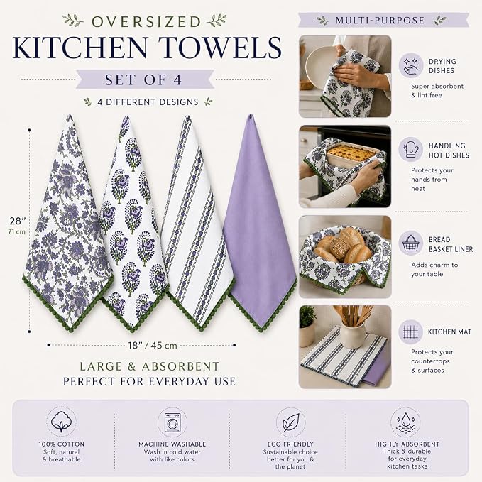 TARAN LIVING Printed Kitchen Dish Bar and Tea Towels Cotton, 18x28 inch with Trims, Cotton Dish Towel Sets (White & Purple, Set of 4) - Image 2
