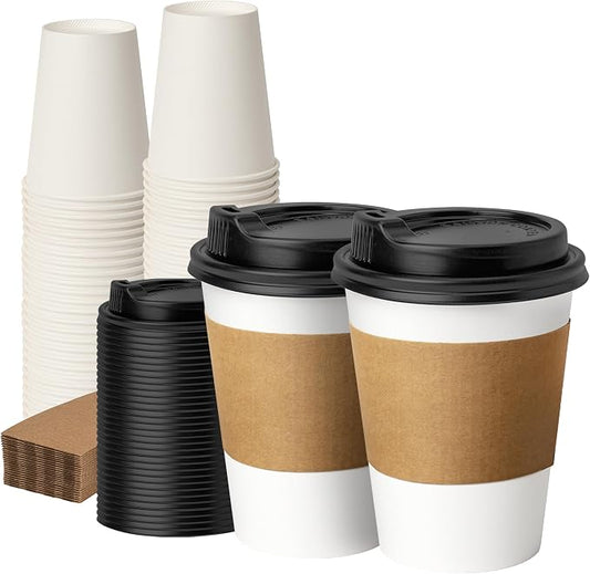 12 oz 50 Pack Coffee Cups with Lids and Sleeves, Hot Paper Coffee Cups with Lids, Disposable To Go Cup with Lid for Coffee, Tea, Hot Chocolate, Ideal for Cafes, Offices and Travel by VPACKDUO