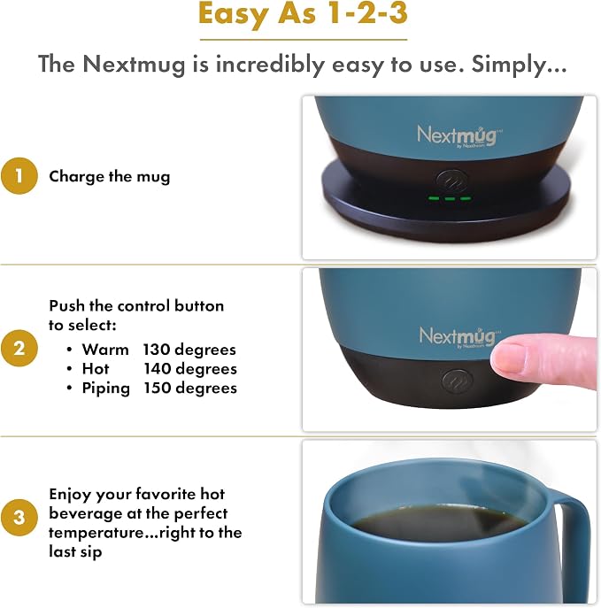 Nextmug Plus - Temperature-Controlled, Self-Heating Coffee Mug | (Slate Blue - 18 oz.) – No App, Long-Lasting Battery for Work & Study, Great Gift for Coffee Lovers - Image 4