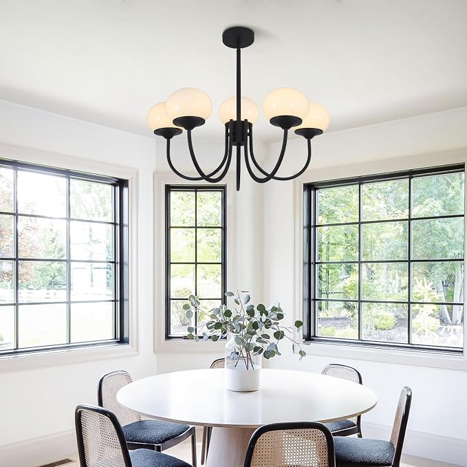 5 Light Black Milk Glass Chandelier Farmhouse Pendant Lights Kitchen Island Frosted White Globe Chandelier Mid Century Modern Dining Room Light Fixtures Over Table - Image 5