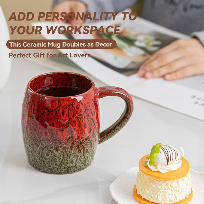 Handmade 22oz Ceramic Coffee Mug, Ergonomic Large Handle, Ideal Gift for Coffee Lovers, Microwave & Dishwasher Safe (Bas-Relief - Red&Green) - Image 4