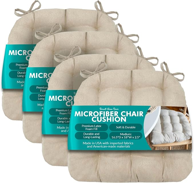 Barnett Home Decor Microsuede Dining Chair Cushions w/Ties, 16.5 x 18 Inches, Pack of 4 – Machine Washable, Reversible with Plush Latex Foam Fill for Comfortable Seating – Chamois Mushroom (Neutral) by BarnettHomeDecor