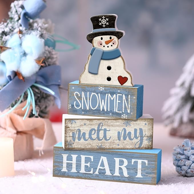 Moucuny 4 Pcs Winter Table Decorations Blue and White Snowman Decor Winter Tiered Tray Decor Valentines Day Centerpiece Rustic Decorative Hat Snowman Block Signs Gift Farmhouse for Home Kitchen Shelf - Image 2